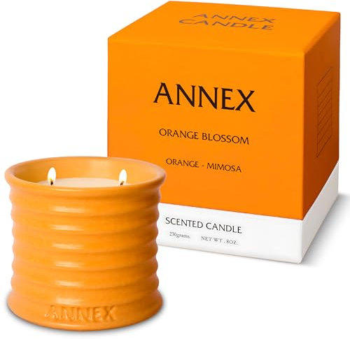 Scented Luxury Candles in Handmade Ceramic Jars, Soy Wax | Orange Blossom – Orange & Mimosa, Large Candle | Non Toxic, 2 Wicks, Reusable Big Orange Jar | Natural Spring Aromatherapy for Women & Men