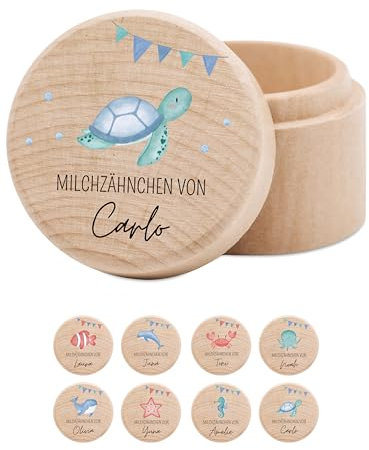 wunderwunsch® - Milchzahndose personalisiert aus Holz mit kinderfreundlichem UV-Druck - Zahndose Milchzähne als Erinnerung an die ersten Zähnchen (Schildkröte Girlande)