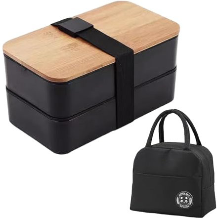 pofluany Boîte à Bento, conteneur à déjeuner Japonais écologique pour Adulte, étanche avec Couvercle en Bambou, 4 ustensiles, préparation de Repas pour portions Noir A