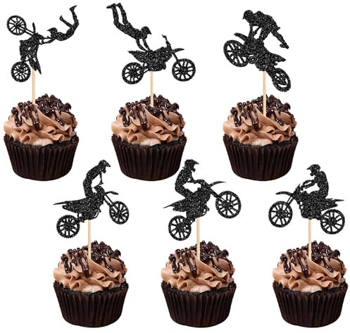Xsstarmi 24 Pack Motorcycle Cupcake Toppers Glitter Motocross Dirt Bike Cupcake Picks for Sports Motocross Theme Man Boy Birthday Party Cake Decorations Supplies Black