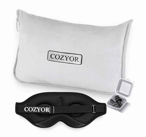 Cozyor 3-TLG. Reiseset: 3D Schlafmaske + Ohrstöpsel + Reisekissen & Reisedecke 2 in 1 + Augenmaske für Flugzeug & unterwegs, Ultraleicht & kompakt