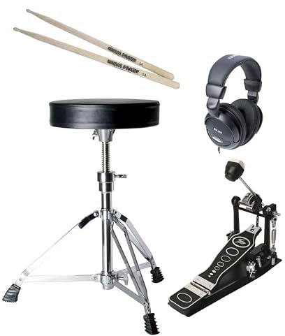 Fame E-Drum Zubehör Set, Drumhocker, Kopfhörer, Sticks, Fußmaschine, Handtuch, Doppelstrebig, Vinyl, Verchromt, Inklusive Spindel, Höhe 450-590mm für Drums und Drummer
