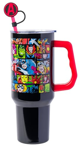 Silver Buffalo Marvel Avengers Comics Black Hawk, Dr. Strange, Black Panther, Ant Man, Scarlet Witch, and more Stainless Steel Tumbler with Handle and Straw, Fits in Standard Cup Holder, 40 Ounces