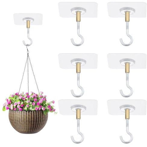 AABDTYYD 6 Ganci Adesivi per Soffitto Senza Fori (Base 59x59mm), Gancio PVC+Ottone per Piante/Lanterne (Estensibile 57mm, Asta 15mm)