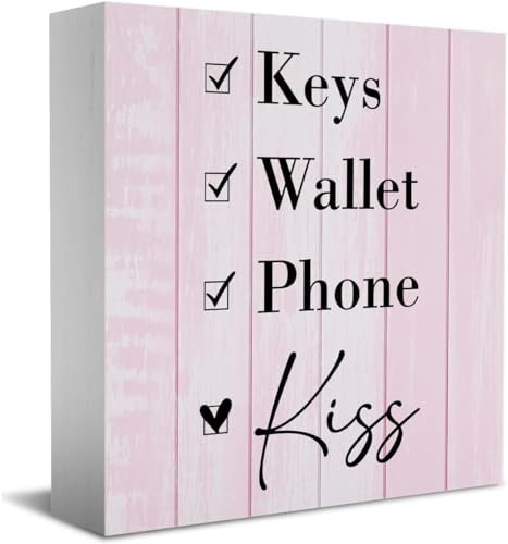 7x7 Inch Pink Rustic Checklist Sign - Keys Wallet Phone Kiss Entryway Decor