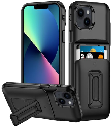 Coolden for iPhone 13 Case with Card Holder [2 Cards] Kickstand Slide Cover Military Grade Heavy Duty Protective Hard PC Soft Silicone Shockproof Wallet Card Slot Phone Case for iPhone 13-Black