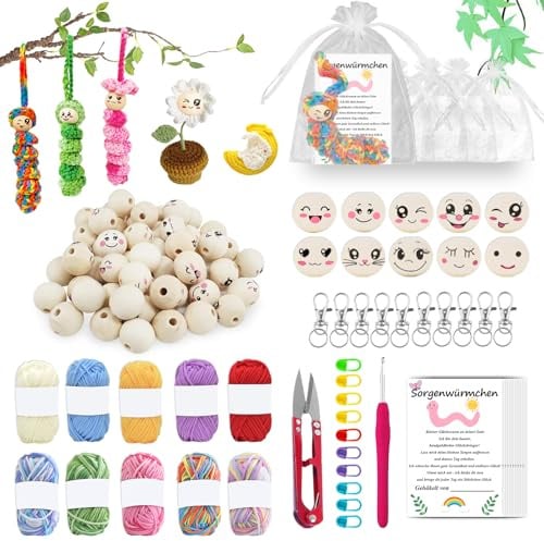 102 Stück Sorgenwürmchen Häkeln Set, 50 Holzkugeln mit Gesicht, Glückswürmchen, Ausgestattet mit Garn, Schlüsselanhänger, Stricknadel, Karte, Mullbeutel, Sorgenwürmchen Häkeln set für Anfänger