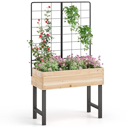 GOPLUS Blumenkasten mit Rankgitter, Hochbeet für Kletterpflanzen, erhöhtes Frühbeet mit Drainagespalt, Pflanzkasten Holz, Pflanzkasten Kräuterbeet Gartenbeet 79 x 35 x 138 cm
