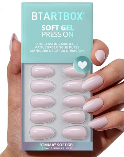 BTArtbox Press On Nails Almond - Pastel Purple Short False Nails with Glue, Opaque Soft Gel Stick On Nails for Women in 16 Sizes - 32 Fake Nail Kit, Satin