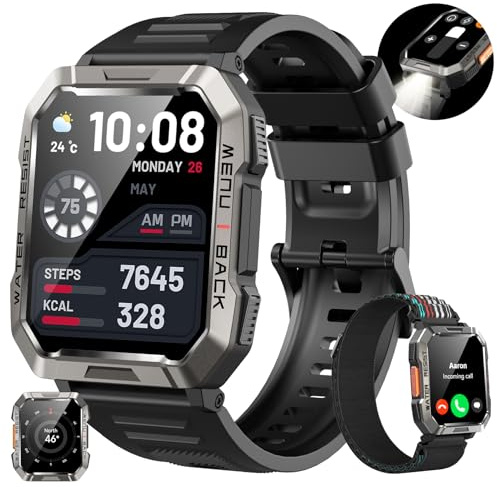 Reloj Inteligente Hombre, Smartwatch Hombre con Linterna y Brújula, Smartwatch con Llamadas Bluetooth, Batería Grande de 900 mAh, Pulsera Actividad Impermeable IP68, Reloj Inteligente para Android iOS