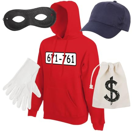 PartyMagix Panzerknacker Kostümset – roter Hoodie mit Basecap Navy, weißen Handschuhen, schwarzer Maske & Geldbeutel – Räuber & Gauner Verkleidung für Karneval, Fasching & Mottopartys