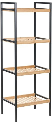 Beliani Bathroom Shelving Unit 4 Shelves Black Steel Frame Bathroom Accessories Bamboo Light Brown Tajzara