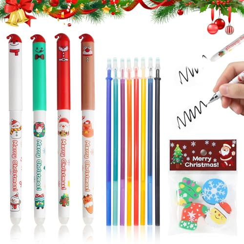 Stylos à Encre Gel Effaçable de Noël 2025,con 4 Pièces Stylos à Bille Effaçables de Noël,4 Gommes de Noël,8 Recharges Effaçables de Couleur,pour Noël Bas de Noël Remplissages Fêtes Cadeaux