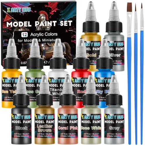 X ARTY HUB Kit de Peinture pour Maquettes - 12 Couleurs avec 3 Pinceaux | Aérographe & Pinceau, Peintures Acryliques pour Figurines, Miniatures & Modèles, Base/Teints de Chair/Ombres/Métallisées