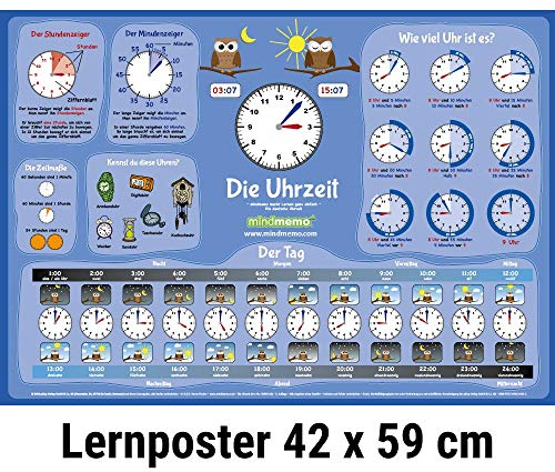 mindmemo Lernposter - Die Uhrzeit lernen Grundschule Poster Deutsch lernen Uhr für Kinder Lernhilfe Zusammenfassung DIN A2 42x59 cm PremiumEdition in ... Lernhilfe - DinA2 PremiumEdition