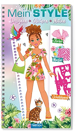 TRÖTSCH - Mein Style Holiday | Mode Malbuch mit Stickern, Schablonen und Mustern zum Gestalten eigener Urlaubslooks: Ausmalbuch für Buntstifte, Wachsmalstifte und Wasserfarben | Ab 5 Jahren