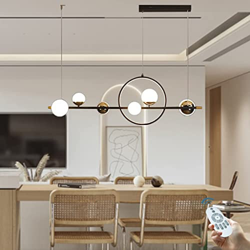 Kronleuchter 66W Modern Hängelampe LED Esszimmer Pendelleuchte Dimmbar mit Fernbedienung Ring Langer Streifen Pendellampe Schwarz Höhenverstellbar Metall Hängeleuchte Acrylkugel-Lampenschirm L112CM