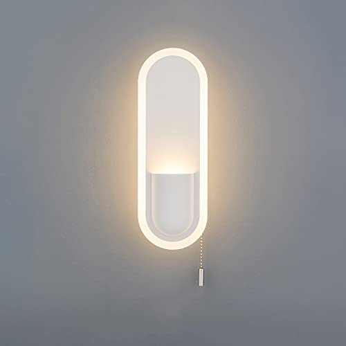 12W LED Wandleuchte Innen mit Zugschalter, Dimmbar 3000K Warm Licht Wandlampe Nachttischlampe 3 Beleuchtungsmodi, Modern Kreative Ovaler Wandbeleuchtung für Schlafzimmer Wohnzimmer Flur,Weiß