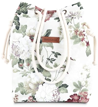 Amazinggirl Handtasche Beuteltasche Damen Tasche A4 oder A5 - Schultertasche Shopper Bag Stofftasche Stoffbeutel mit Innentasche Einkaufstasche Beutel als große Umhängetasche Blumen Beige
