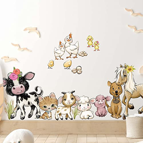 WANDKIND Bauernhof Wandtattoo Kinderzimmer V360 | handgezeichnet | AUFKLEBER Kindergarten | Babyzimmer Wandsticker Pferd Schwein Kuh Hund Huhn Katze (100 x 100 cm)