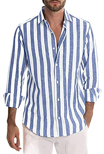 Chemise en lin pour homme à rayures - Manches longues - Pour l'été - Pour les loisirs - Funky Hawaïen - Manches longues - Chemise décontractée - Coupe régulière, bleu ciel, L