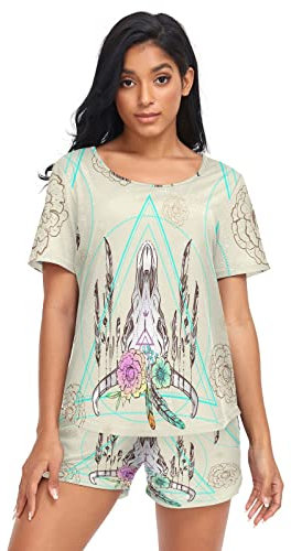 Anantty Damen-Pyjama-Set, Indianer, Stierschädel, Federn, Blumen, Boho, Sommer, Nachtwäsche, T-Shirt und Shorts, Lounge-Set für Damen und Mädchen, mehrfarbig, 36