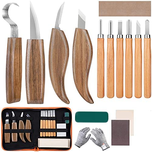 mumisuto Intaglio Legno, 15 Pezzi Attrezzi per Lavorare il Legno, Set di Scalpelli per Legno con 10 Coltello Intaglio Legno e Guanti Resistenti al Taglio, per Principianti e Professionisti