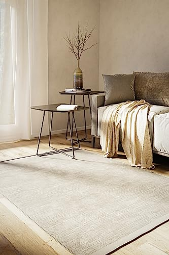 MY-RUG Handgemachter Wollteppich WoolHeaven aus gewalkter Schurwolle, 160 x 230 cm, in Beige-Creme - Strickteppich, gemütliches Schlafzimmer