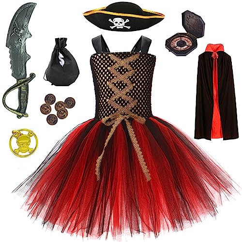 Windskids Piratenkostüm Mädchen mit Mit Umhang und 8 Stück Piraten Zubehör Piratenhut Kompass Geldsäcke Goldmünzen Ohrringe Taschen Tutukleid Verkleidung Halloween Karneval Fasching Kostüm für Kinder