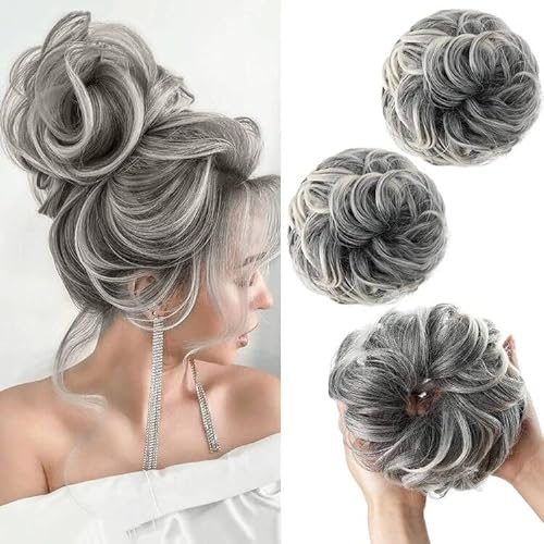 PORSMEER 2 Stücke Haarteil ombre grau mit Gummiband,Dutt Haarteil Gelockt Haargummi mit Haaren Hochsteckfrisuren Haarverlängerung Messy Bun Scrunchies Haarteile für Damen Pferdeschwanz