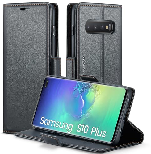 XYGLOW Handyhülle für Samsung Galaxy S10 Plus Hülle Premium Leder Klappbar Kartenfach Magnet Standfunktion RFID Schutzhülle für Samsung S10 Plus Flip Case Wallet Klapphülle Lederhülle Schwarz 6.4