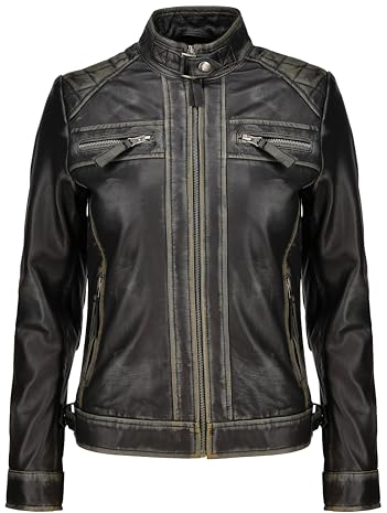Jild Gesteppte Lederjacke für Damen, Cafe Racer-Stil, echtes Lammfell, Damen-Lederjacke, Distressed, XL