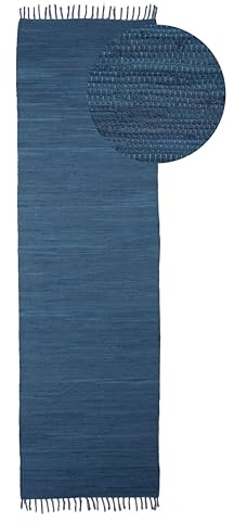 carpetfine Flickenteppich Kelim Chindi Uni Läufer Blau 80x400 cm, handgewebt | Fleckerlteppich aus Baumwolle für Wohnzimmermit Fransen