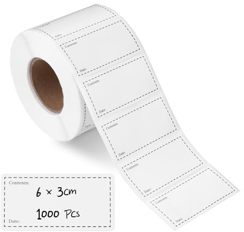 1000 Self Adhesive Labels, ilauke 60x30mm Food Labels Stickers Removable Fridge Stickers White and Black Sticky Label on a Roll Easy Peel Label Paper for Jars Storage Boxes