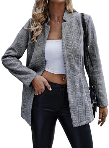 Jhsnjnr Damen Offen Vorne Elegant Blazer Langarm Stehkragen Wärmen Long Sakko Mantel Business Tweed Anzug Jacke