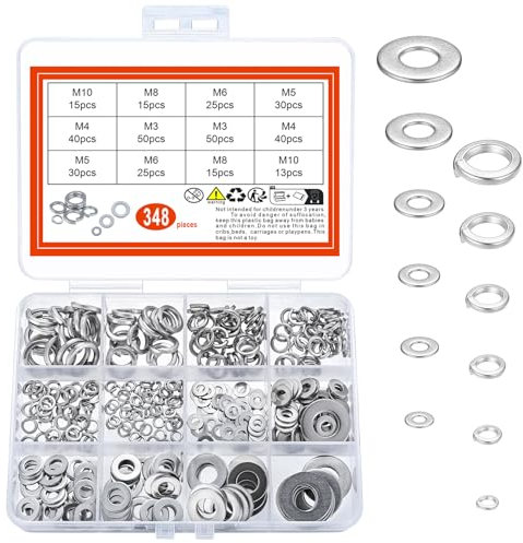 348 Pcs Arandelas de Acero Inoxidable M3 M4 M5 M6 M8 M10: 175 Arandelas Planas para Tornillos y 173 Arandelas de Seguridad Divididas, Arandelas de Resorte, Arandela Espaciadora para Tornillo Tuerca