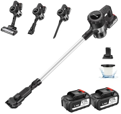 Akku Staubsauger mit 2 Stücks 3000mAh Akkus 80Min Laufzeit einstellbar 2 Saugmodi 15Kpa, 5-stufige Filterung, LED Walzenbürste, Lange Fugendüse, 2-in-1 Bürste für Haus, Auto, Teppich