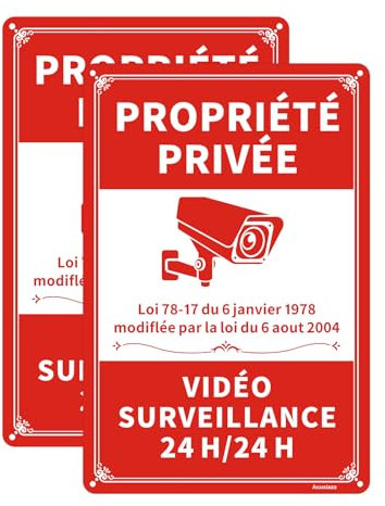 Acuxiaza 2 Pièces Panneau Video Surveillance Aluminium 20x30 cm Panneau Propriété Privée Réfléchissant Métal Panneaux Camera Surveillance Intérieur/Extérieur, Trous Pré-percés