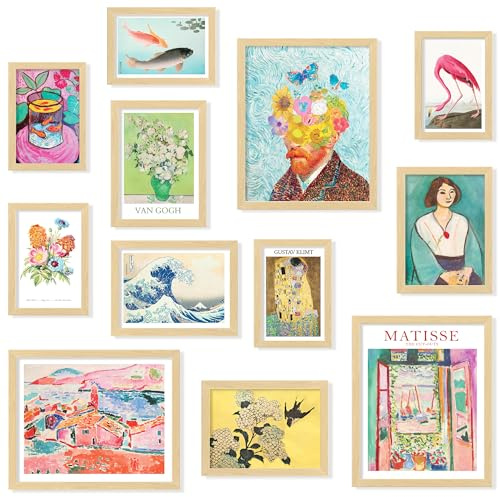 97 Decor Eclectic FRAMED Wall Art Set - Colorful Eclectic Decor, Retro Colorful Wall Art Prints, Trendy Maximalist Decoration Aesthetic Pictures Gallery Wall Prints, Famous Artist Posters For Bedroom (BEIGE FRAME)