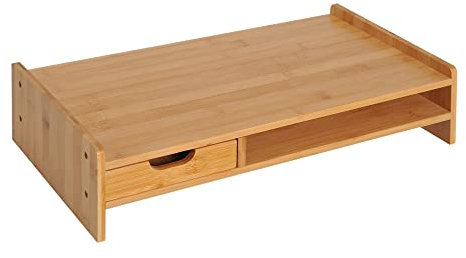 HOMCOM Rehausseur écran PC bureau rehausseur ecran support moniteur, ordinateur portable, TV avec tiroir et niche en bambou, 49 x 25,5 x 11,5 cm marron