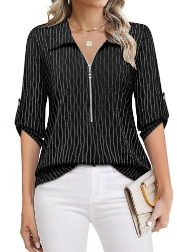 Amrto Damen V-Ausschnitt Bluse Casual Tunika mit Reißverschluss, Sommer Oberteile Longshirt Elegant Loose Gestreifte Longbluse, Schwarz XL