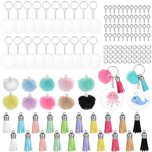 MWOOT 150 Pièces Porte-clés Vierges en Acrylique Kit, avec Acrylique Transparent Ronde Disques, Porte Clef, Pendentif Pompon Tassel, Vis à Œil, Anneaux de Saut, Accessoires Porte-clés pour Bricolage