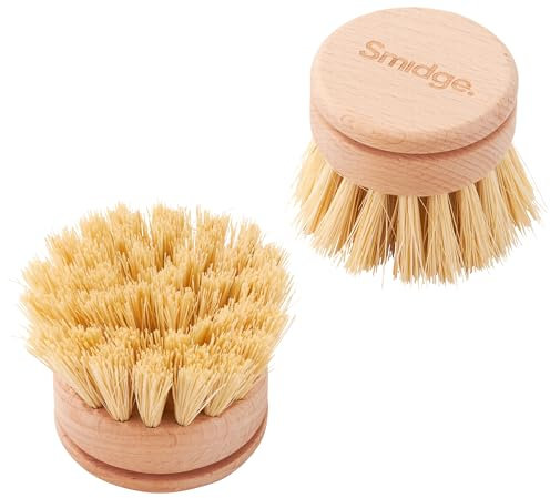 Smidge Natural Beechwood Dish Brush Replacement Head Set, Wooden Dish Brushes for Washing Up, Includes Two Spare Heads for a Smidge Wand