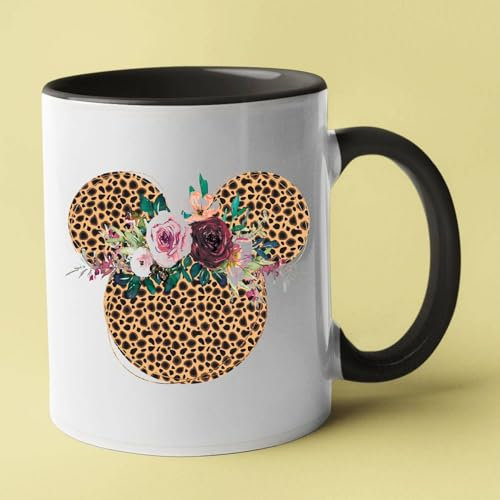 Tazza con motivo leopardato con fiori, motivo floreale rosa e bordolese, tazza in ceramica bianca e nera