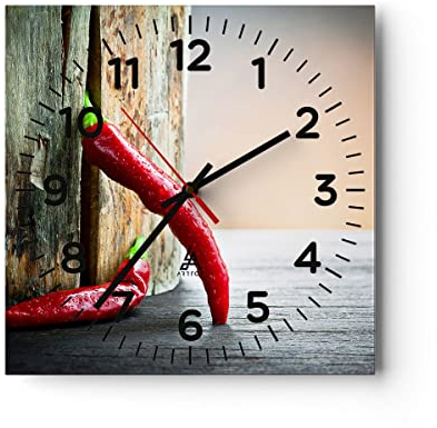 Modern Wanduhr Chili Gewürz Gemüse 30x30cm Quadrat Klein Wand Uhr Glas Analog Zimmeruhren Küche Büro Wohnzimmer Glasuhr Wall Clock Dekoration Design Wanddekoration Küchenuhr C4AC30x30-2264