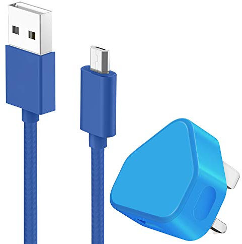 IWIO 3 Pin UK USB Mains Charger Adapter 1000 mAh / 1 AMPwith USB 2.0 Micro USB Sync and Charge Cable 1 Meter compatible with Alba 5 Inch 3G Mobile Phone - BLUE