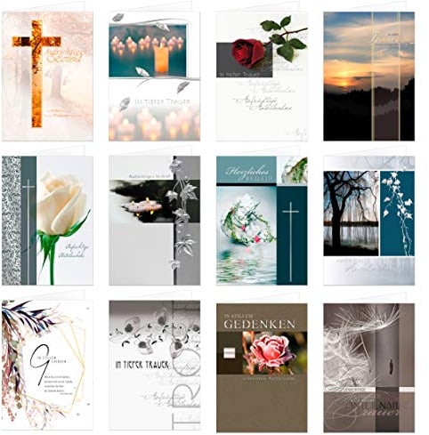 12 Stück Set Trauerkarten Beileidskarten Kondolenzkarten mit Umschlag, Klappkarten 17 x 12 cm …