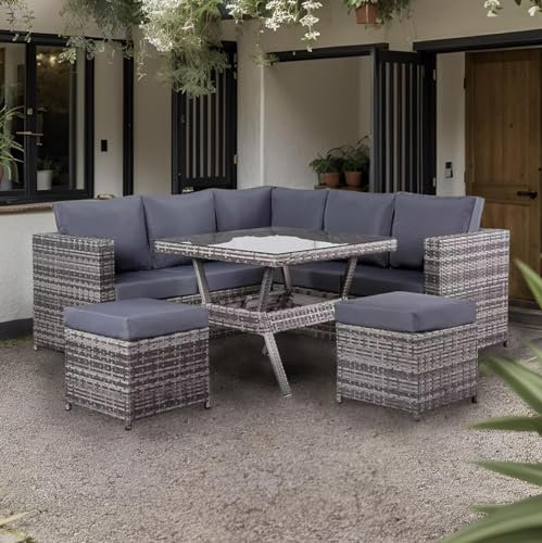 Rattan park Halo Range 9 seater Garden Furniture Square Right Hand Corner Sofa Set With Rising Table in Grey Aluminium Frame