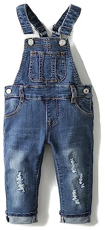 KIDSCOOL SPACE Salopette di Jeans da Bambina,Pantaloni Slim Carini in Denim Srappato da Bambino,Blu,9-12 Mesi