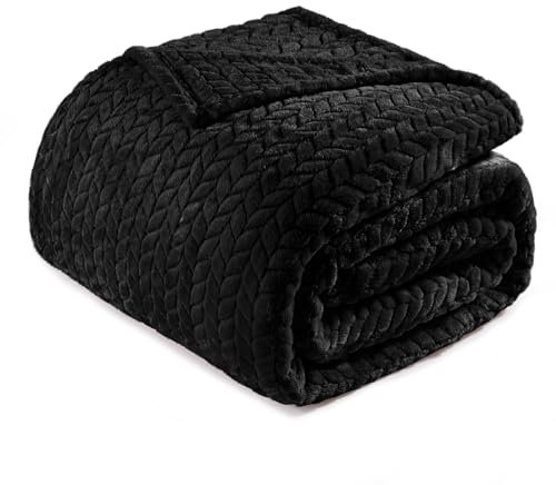 Exclusivo Mezcla Kuscheldecke Flanell-Fleecedecke mit Blättermuster, 230 x 170 cm Sofadecke für Ganzjahreszeit, Flauschig und Warm, Schwarz